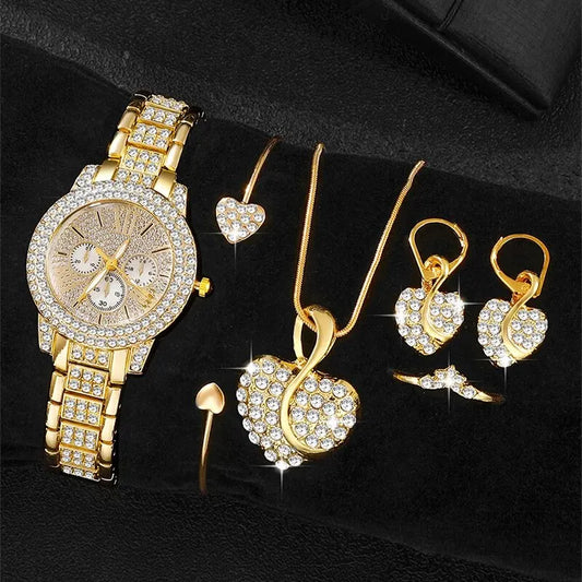 Golden Glamour 6-Piece Luxury Collection | Rhinestone-Encrusted Watch & Complete Jewelry Set