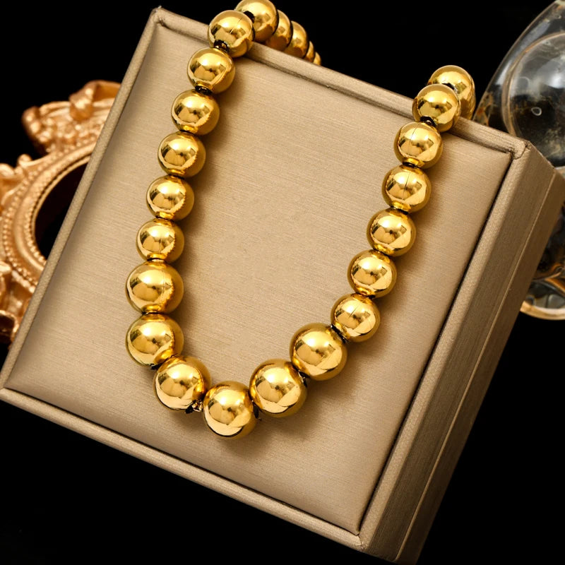 Solid Sphere Minimalist Necklace | Waterproof 316L Stainless Steel Gold Bead Link Chain