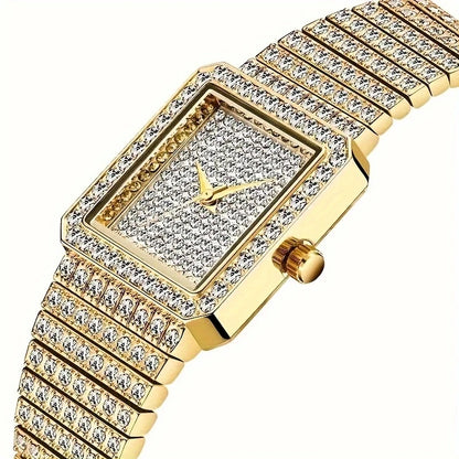 Gold Square Rhinestone Bracelet Watch for Women | Rhinestone Encrusted Quartz Timepiece