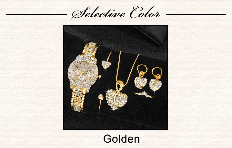 6-Piece Rhinestone Watch & Jewellery Set | Gold-Tone Quartz Watch with Necklace, Bracelet, Ring & Earrings