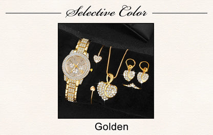 6-Piece Rhinestone Watch & Jewellery Set | Gold-Tone Quartz Watch with Necklace, Bracelet, Ring & Earrings