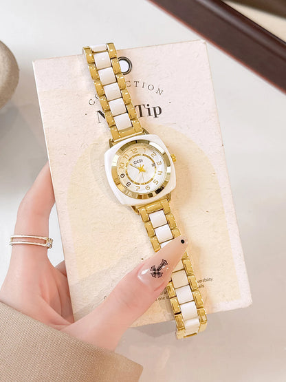 Square Amber Dial Watch | Stainless Steel Bracelet with Date Calendar & Arabic Numerals