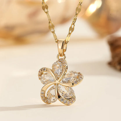 Flower Pendant Necklace | 316L Stainless Steel with Green Zircon Centre