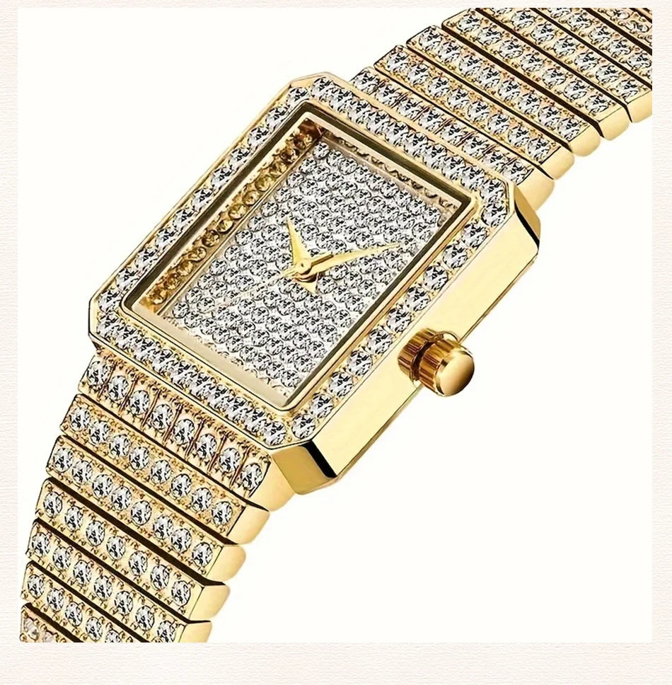 Gold Square Rhinestone Bracelet Watch for Women | Rhinestone Encrusted Quartz Timepiece