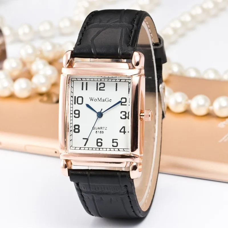 Rose Gold Square Watch | 28mm Arabic Numeral Dial with PU Leather Strap