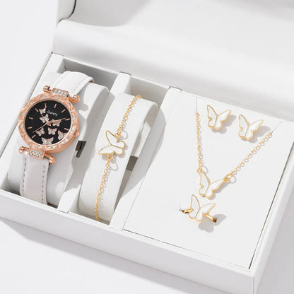 6-Piece Butterfly Watch & Jewellery Set | 33mm Numberless Dial, PU Leather Strap, Necklace, Bracelet, Ring & Earrings