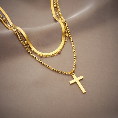 3-in-1 Layered Geometric Pendant Necklace | Waterproof 316L Stainless Steel Gold-Tone Chain