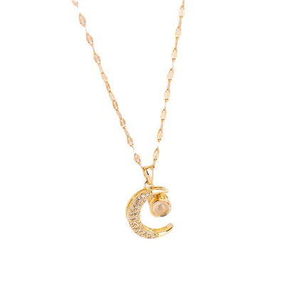 Crescent Moon Projection Pendant Necklace | Rhinestone 316L Stainless Steel Clavicle Chain