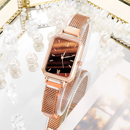 Green Dial Square Watch | Rose Gold Mesh Strap, 24mm, Roman Numerals, Quartz