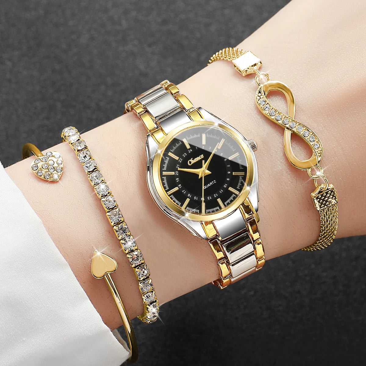 Dainty Small Dial 4-Piece Watch & Stackable Bracelet Set | Gold-Tone Quartz Wristwatch