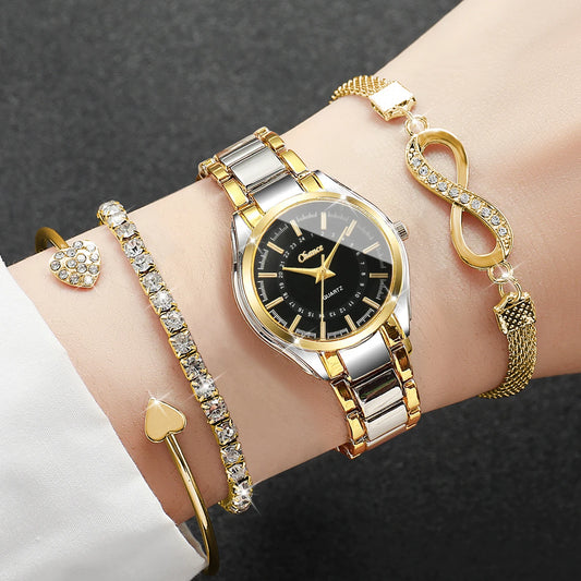Dainty Small Dial 4-Piece Luxe Set | Elegant Gold-Tone Watch &amp; Stackable Bracelet Collection