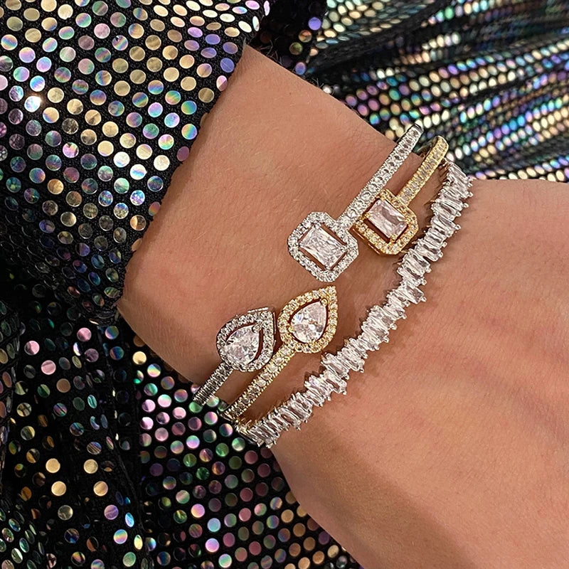 3-Piece Geometric Gold Cuff Bangle Set | AAA+ Cubic Zirconia Prong Setting, Adjustable, Unisex