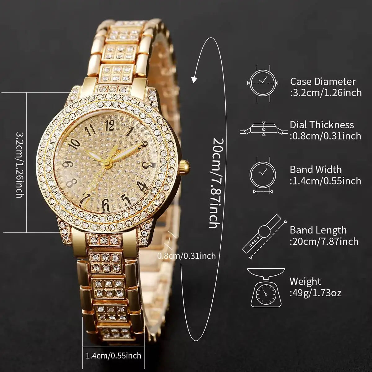 6-Piece Rhinestone Watch & Jewellery Set | 32mm Quartz Watch, Necklace, Bracelet, Ring & Earrings