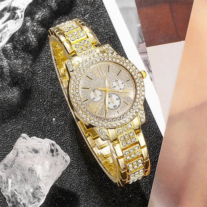 6-Piece Rhinestone Watch & Jewellery Set | Gold-Tone Quartz Watch with Necklace, Bracelet, Ring & Earrings
