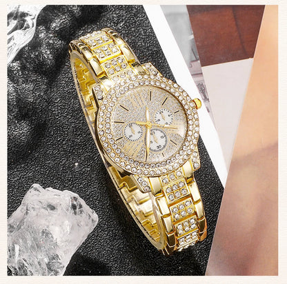 6-Piece Rhinestone Watch & Jewellery Set | Gold-Tone Quartz Watch with Necklace, Bracelet, Ring & Earrings