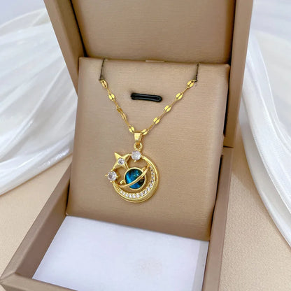 Star, Moon & Astronaut Pendant Necklace | Waterproof Titanium Steel with Zircon