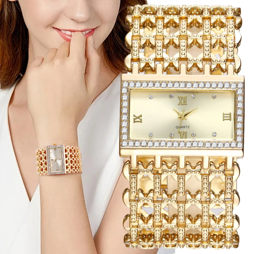 Gold-Tone Skeleton Cuff Watch | 35mm Wide Openwork Bangle with Square Rhinestone Dial