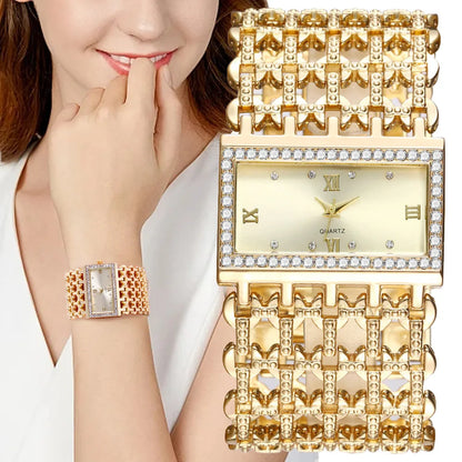 Gold-Tone Skeleton Cuff Watch | 35mm Wide Openwork Bangle with Square Rhinestone Dial