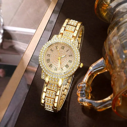 6-Piece Roman Numeral Watch & Rhinestone Jewellery Set | 32mm Quartz Watch, Necklace, Bracelet, Ring & Earrings