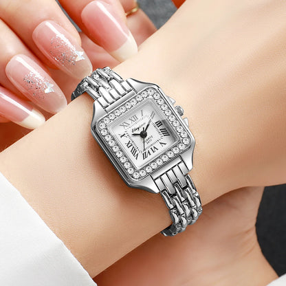 Rhinestone Square Watch | Gold-Tone Roman Numeral Dial & Slim Alloy Bracelet