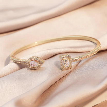 Geometric Gold Cuff Bangle | AAA+ Cubic Zirconia Tension Setting, Copper, 7g