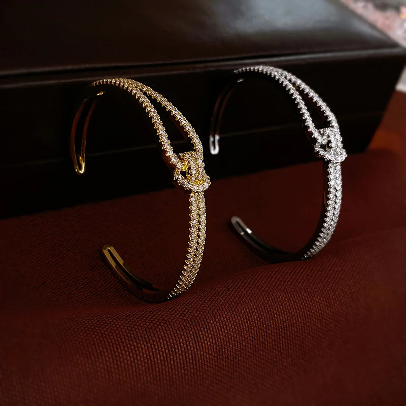 Elegant Golden Knot Cuff | Exquisite Full Zircon Minimalist Bangle for Weddings & Special Occasions