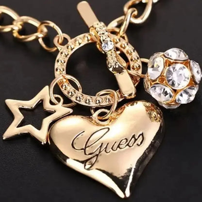 Heart, Star & Pearl Charm Bracelet | Copper & Zinc Alloy, 15g, Secure Lock Closure