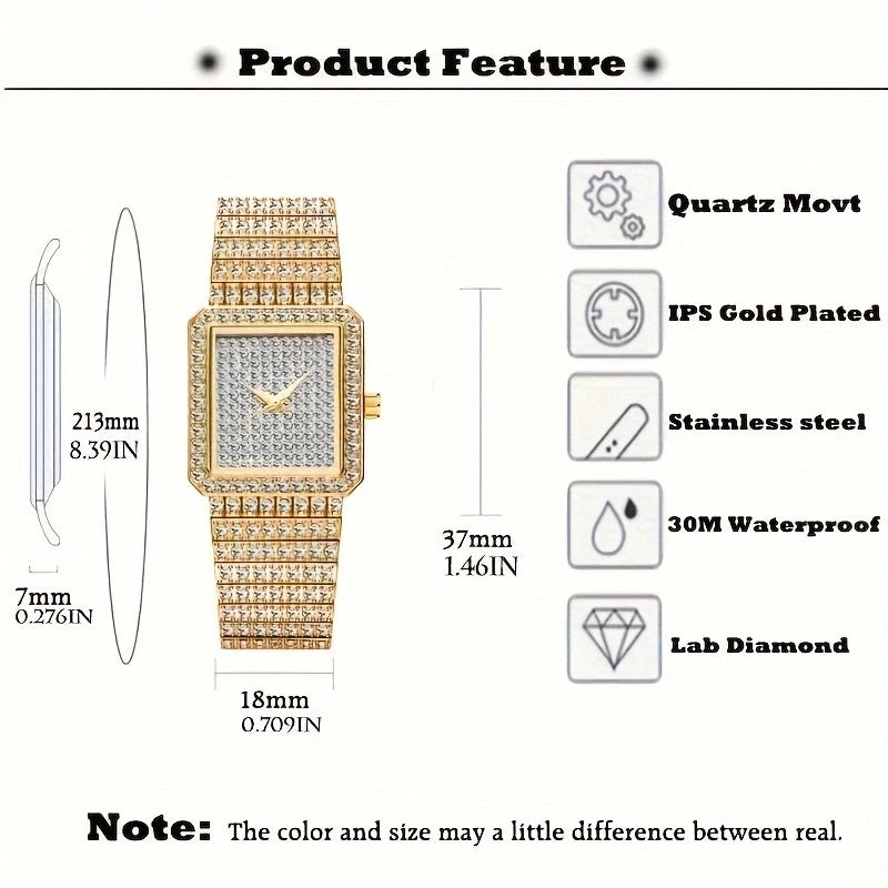 Gold Square Rhinestone Bracelet Watch for Women | Rhinestone Encrusted Quartz Timepiece