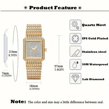 Gold Square Rhinestone Bracelet Watch for Women | Rhinestone Encrusted Quartz Timepiece