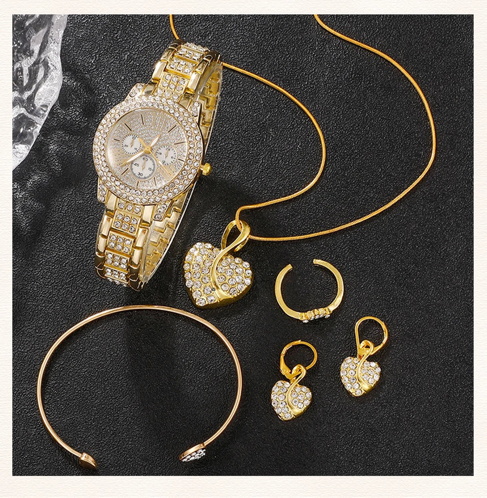 6-Piece Rhinestone Watch & Jewellery Set | Gold-Tone Quartz Watch with Necklace, Bracelet, Ring & Earrings