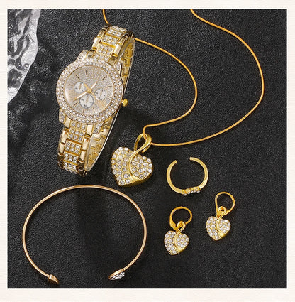 6-Piece Rhinestone Watch & Jewellery Set | Gold-Tone Quartz Watch with Necklace, Bracelet, Ring & Earrings
