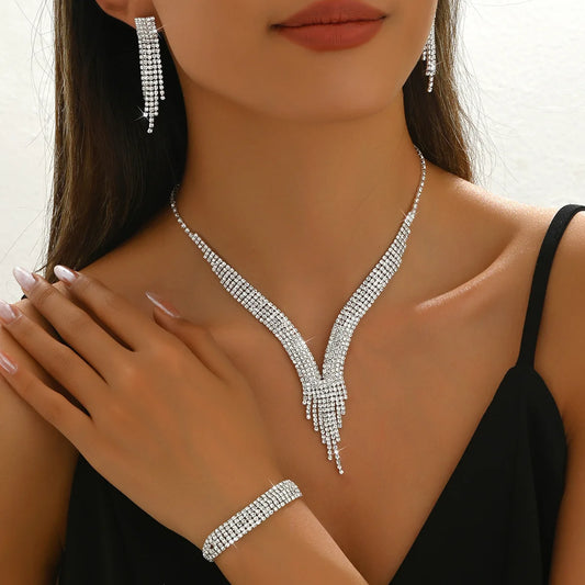 4pcs Luxury Rhinestone Tassel Jewellery Set for Women | Waterdrop Necklace, Earrings & Bracelet