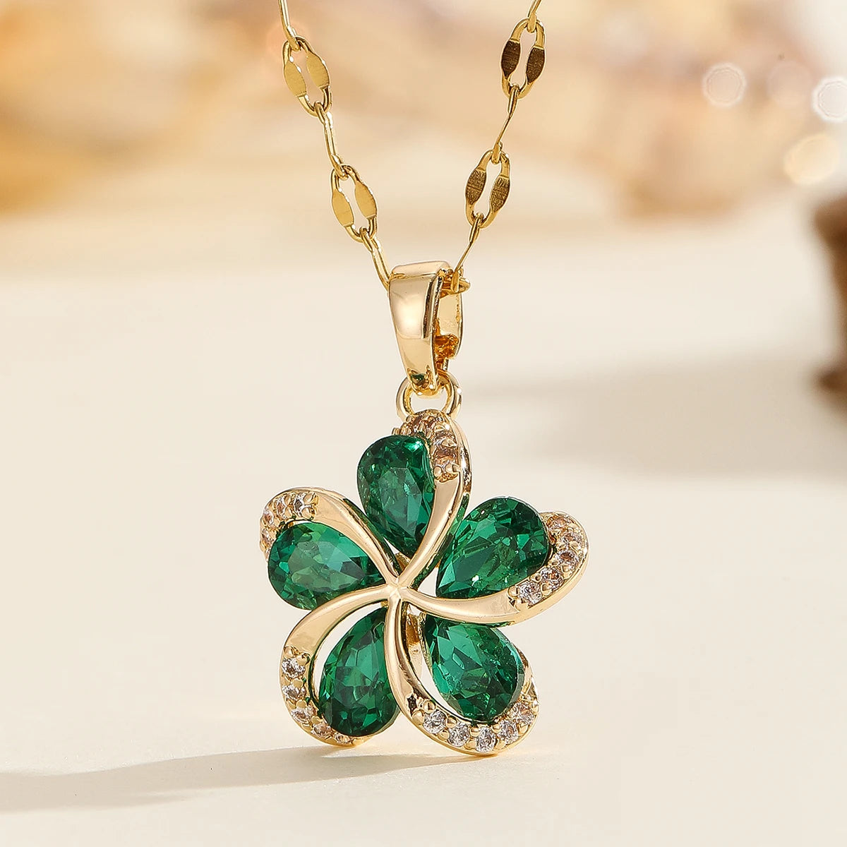 Flower Pendant Necklace | 316L Stainless Steel with Green Zircon Centre