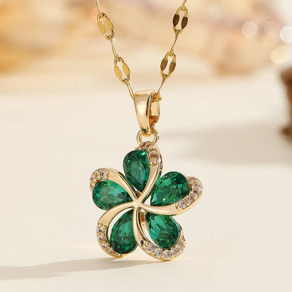 Flower Pendant Necklace | 316L Stainless Steel with Green Zircon Centre