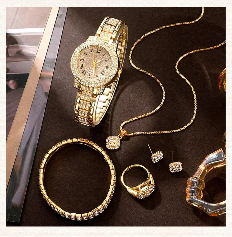 Golden Prestige 6-Piece Luxury Collection | Roman Numeral Watch & Rhinestone Jewelry Ensemble