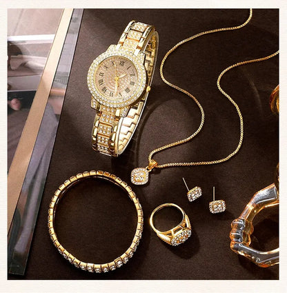 6-Piece Roman Numeral Watch & Rhinestone Jewellery Set | 32mm Quartz Watch, Necklace, Bracelet, Ring & Earrings