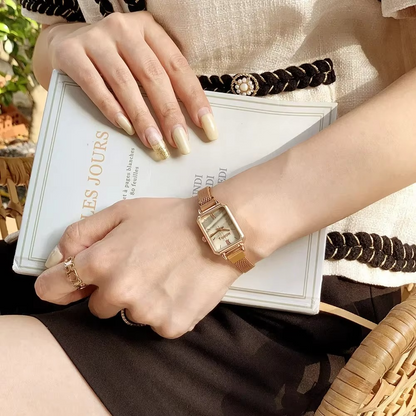 Green Dial Square Watch | Rose Gold Mesh Strap, 24mm, Roman Numerals, Quartz