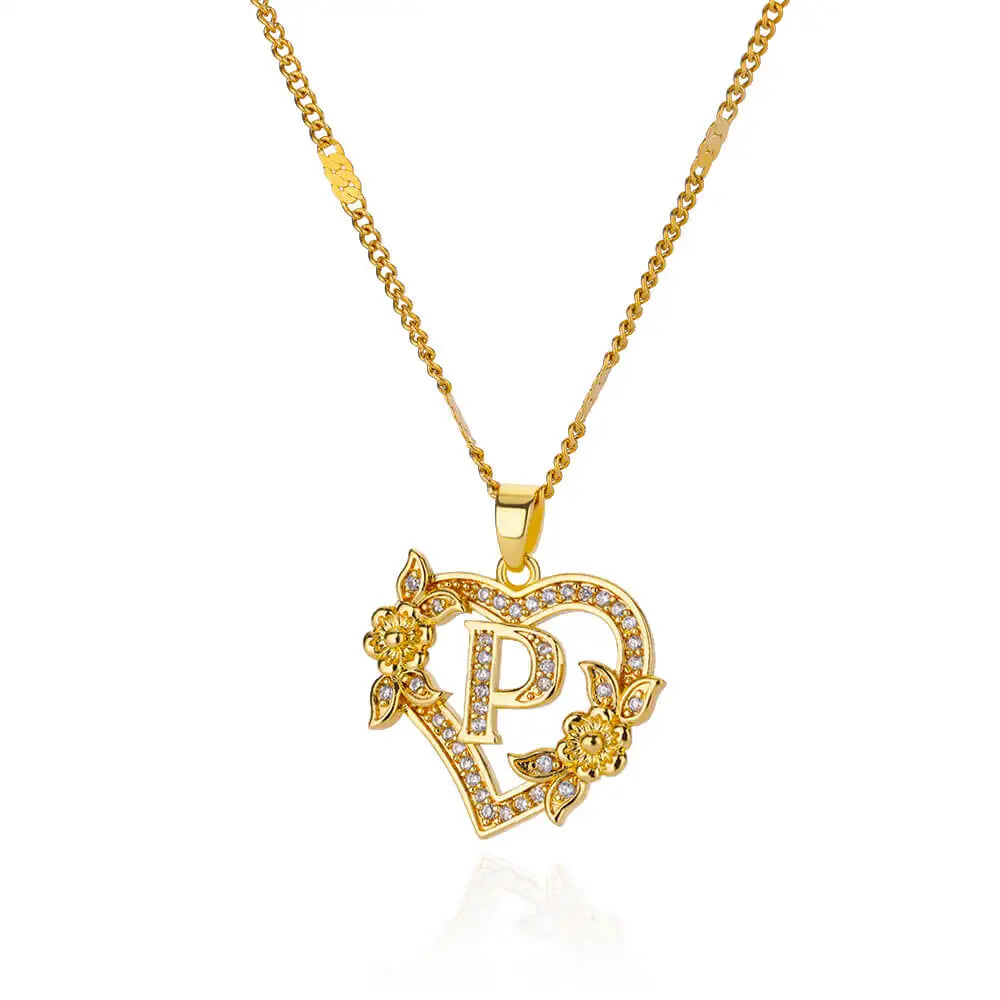 Initial Letter Heart Pendant Necklace | Zircon Flower & Personalised Letter, 316L Stainless Steel