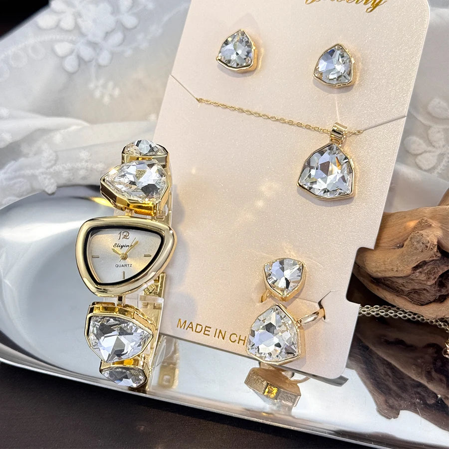 4-Piece Colourful Crystal Watch & Jewellery Set | Irregular Shape Quartz Watch, Necklace, Ring & Earrings