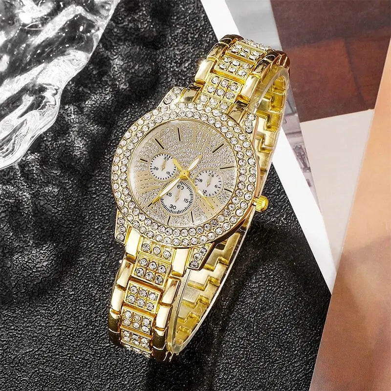 6-Piece Rhinestone Watch & Jewellery Set | Gold-Tone Quartz Watch with Necklace, Bracelet, Ring & Earrings