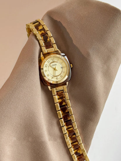 Square Amber Dial Watch | Stainless Steel Bracelet with Date Calendar & Arabic Numerals