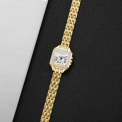 Rhinestone Square Watch | Gold-Tone Roman Numeral Dial & Slim Alloy Bracelet