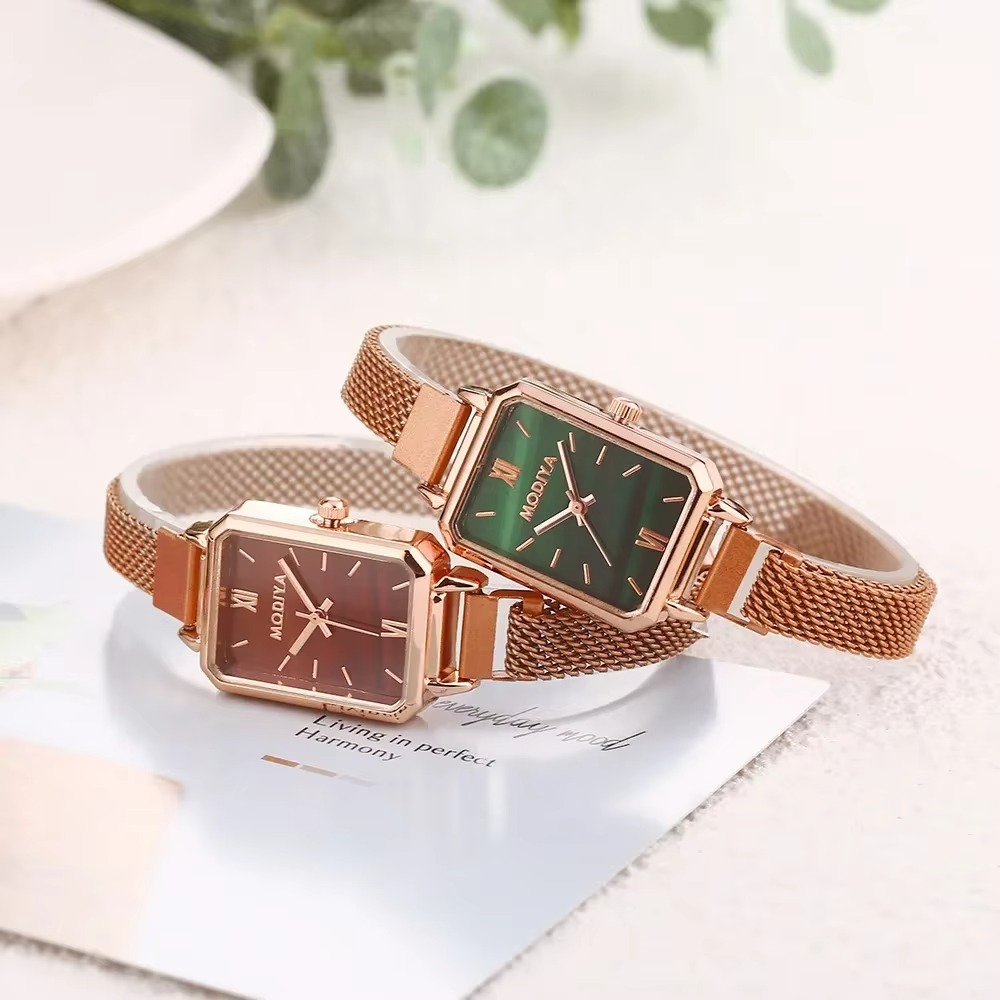 Green Dial Square Watch | Rose Gold Mesh Strap, 24mm, Roman Numerals, Quartz