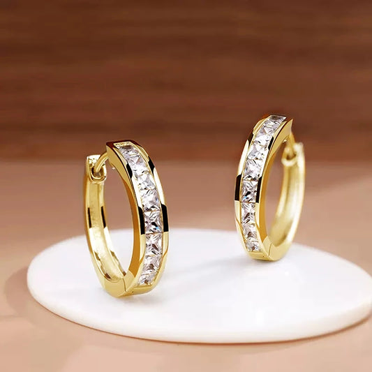 Princess Cut Crystal Hoop Earrings | Elegant Square Cubic Zirconia Gold-Tone Huggies