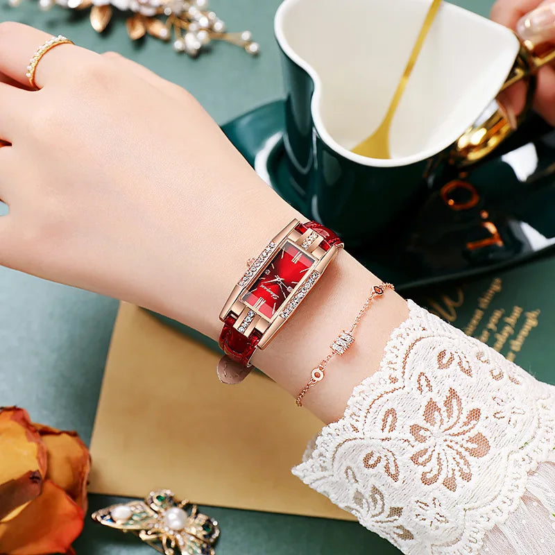 2-Piece Rectangle Watch Set | Women's Minimalist Leather Band Quartz Wristwatches