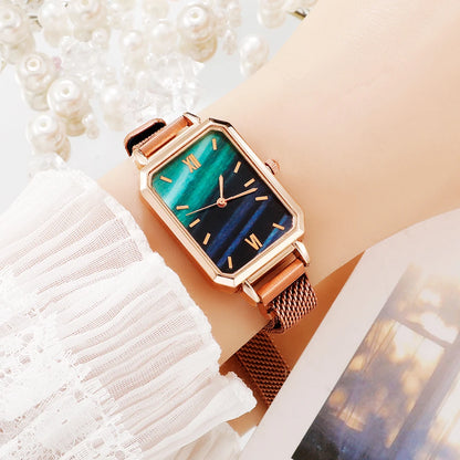 Green Dial Square Watch | Rose Gold Mesh Strap, 24mm, Roman Numerals, Quartz