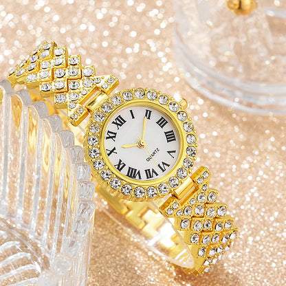 6-Piece Roman Numeral Watch & Jewellery Set | Rhinestone Watch, Necklace, Bracelets, Ring & Earrings