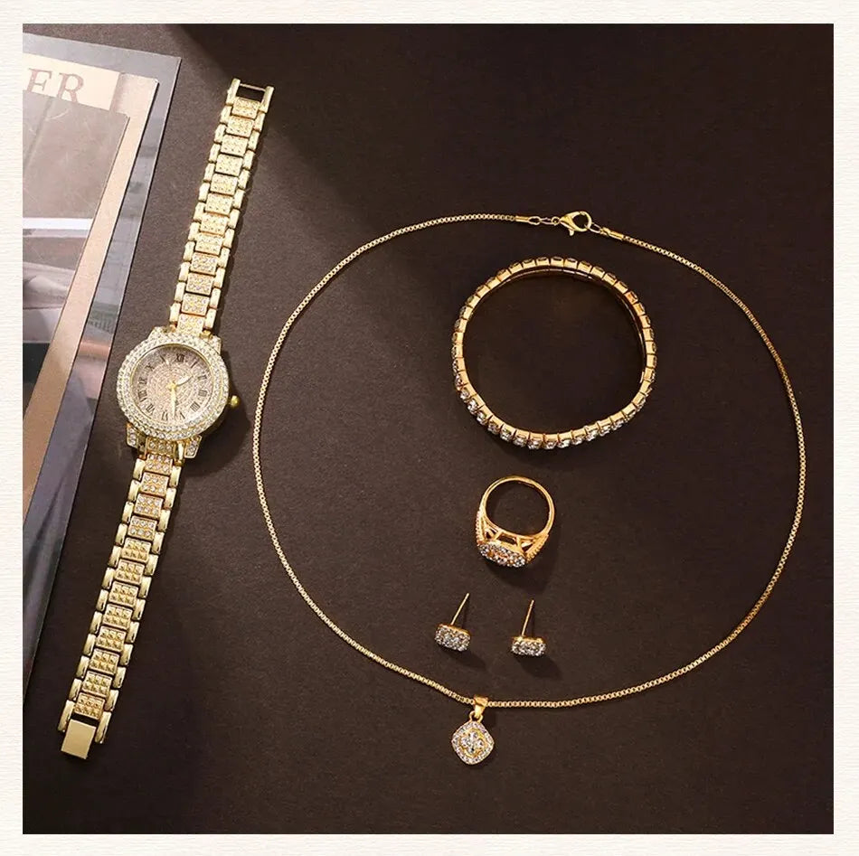 Golden Prestige 6-Piece Luxury Collection | Roman Numeral Watch & Rhinestone Jewelry Ensemble
