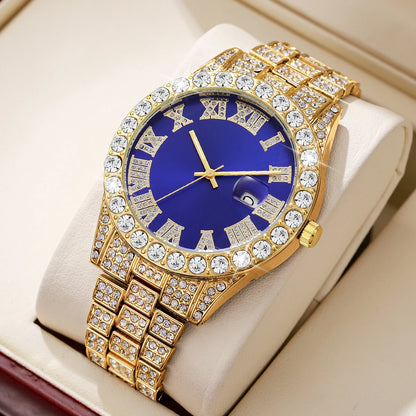 Rhinestone Calendar Watch | 42mm Roman Numeral Dial, Stainless Steel, 20mm Alloy Band