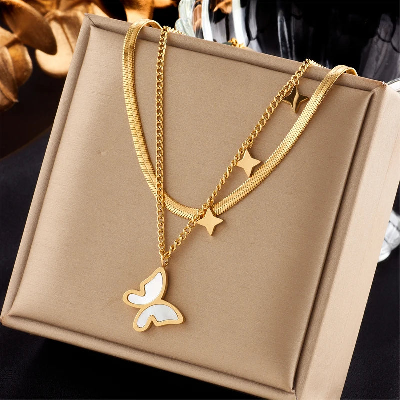Heart Eye & Butterfly Multi-Motif Necklace | Waterproof 316L Stainless Steel Gold Link Chain